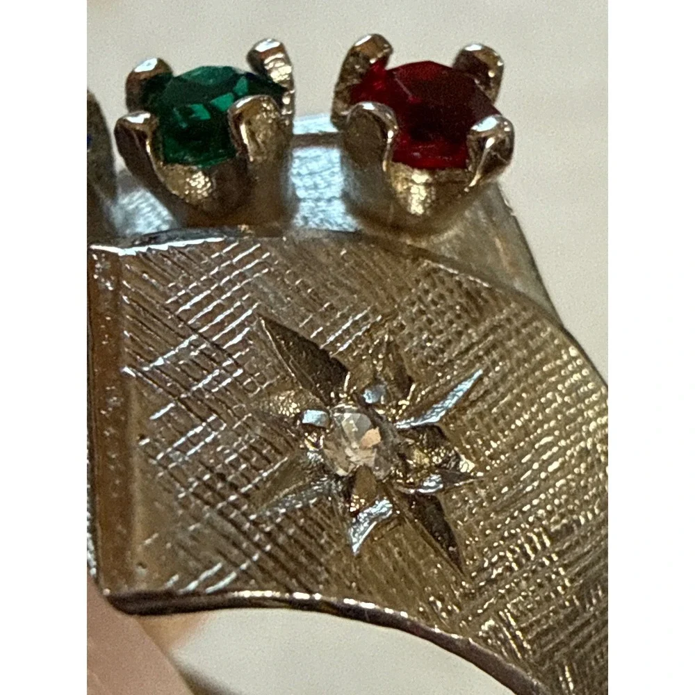 Vintage Brass Mothers Ring Family Birthstone‎ Rhinestone Starburst Textured Band